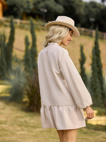 LanaWest Casual Vacation Style Ruffle Hem Long Sleeve Women Mini Dress