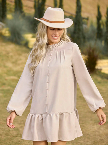 LanaWest Casual Vacation Style Ruffle Hem Long Sleeve Women Mini Dress