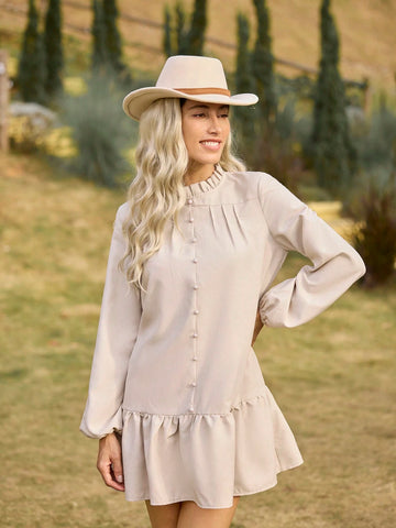 LanaWest Casual Vacation Style Ruffle Hem Long Sleeve Women Mini Dress