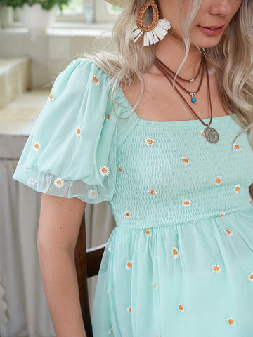 LanaWest Floral Embroidery Ruched Puff Sleeve Sheer Blouse, Resort Wear For Women