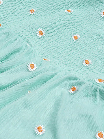 LanaWest Floral Embroidery Ruched Puff Sleeve Sheer Blouse, Resort Wear For Women