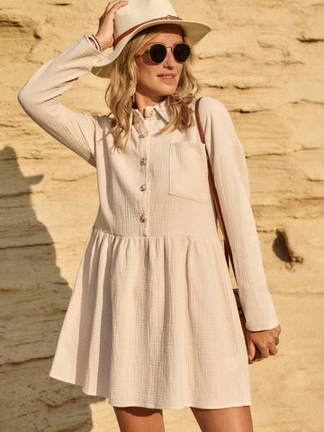 LanaWest Loose Fit Cotton Textured Double Layer Shirt Dress, Casual Wear For Spring/Summer
