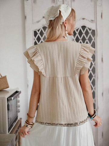 LanaWest New Women's Lace Embroidery V-Neck Flared Sleeve Front Tie Bow Decor Casual Holiday Loose Blouse