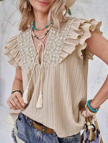 LanaWest New Women's Lace Embroidery V-Neck Flared Sleeve Front Tie Bow Decor Casual Holiday Loose Blouse