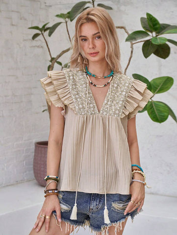 LanaWest New Women's Lace Embroidery V-Neck Flared Sleeve Front Tie Bow Decor Casual Holiday Loose Blouse