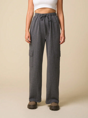 LanaWest Women Casual Comfy Fashion Side Pockets Loose Straight Leg Sweatpants