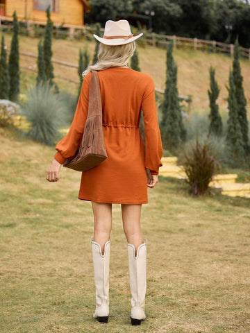 LanaWest Women Casual Kangaroo Pocket Adjustable Waist Mid-Length Long Sleeve Sweatshirt Dress