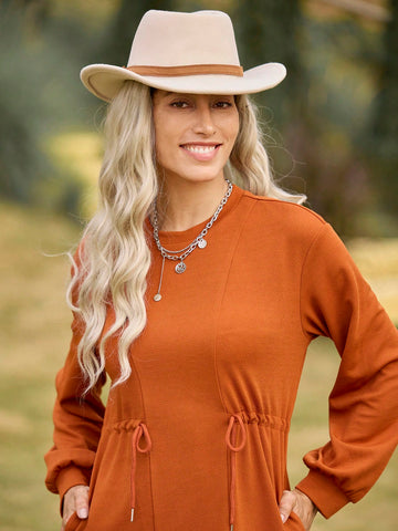 LanaWest Women Casual Kangaroo Pocket Adjustable Waist Mid-Length Long Sleeve Sweatshirt Dress