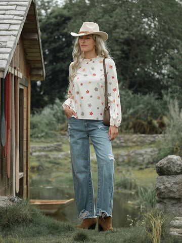 Women Floral Print Long Sleeve Shirt, Minimalist Fashion