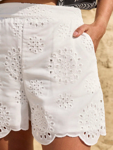 LanaWest Women Hollow Out Lace Details Casual Vacation A-Line Shorts