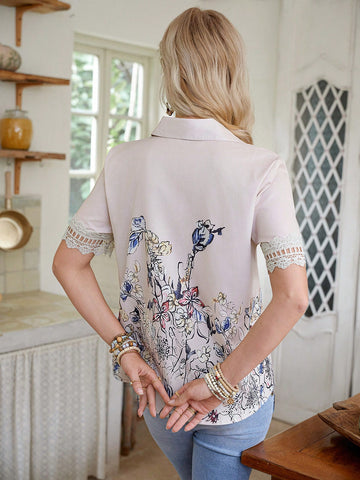 LanaWest Women Lace Ditsy Floral Patchwork Shirt