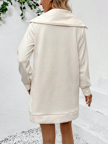 LanaWest Women's Apricot Color Lapel Half Zip Long Sleeve Sweater Dress