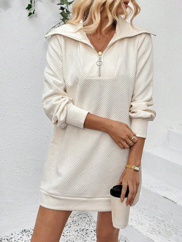 LanaWest Women's Apricot Color Lapel Half Zip Long Sleeve Sweater Dress