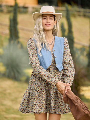 LanaWest Women's Blue Floral Patchwork Mock 2-Piece Long Sleeve Dress