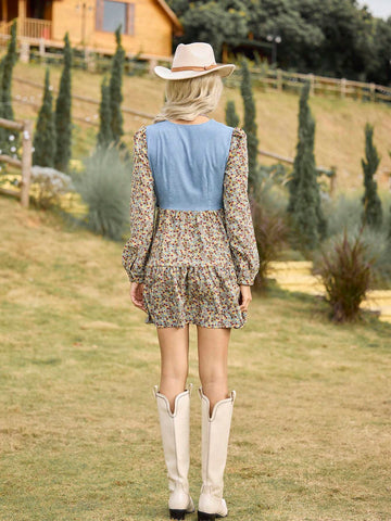 LanaWest Women's Blue Floral Patchwork Mock 2-Piece Long Sleeve Dress