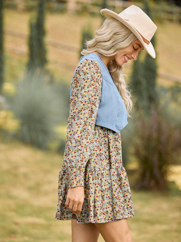 LanaWest Women's Blue Floral Patchwork Mock 2-Piece Long Sleeve Dress