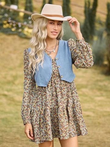 LanaWest Women's Blue Floral Patchwork Mock 2-Piece Long Sleeve Dress