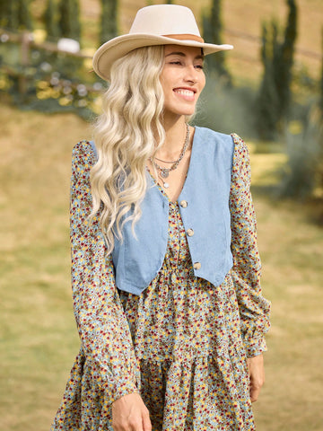 LanaWest Women's Blue Floral Patchwork Mock 2-Piece Long Sleeve Dress