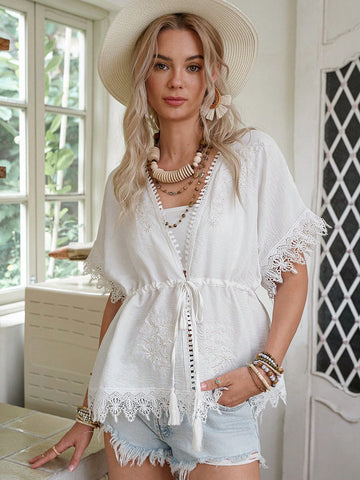 LanaWest Women's Bohemian Embroidered Floral Lace Patchwork Open Front Tie Shirt