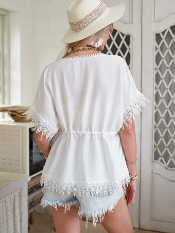 LanaWest Women's Bohemian Embroidered Floral Lace Patchwork Open Front Tie Shirt