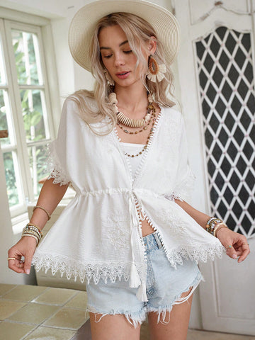 LanaWest Women's Bohemian Embroidered Floral Lace Patchwork Open Front Tie Shirt