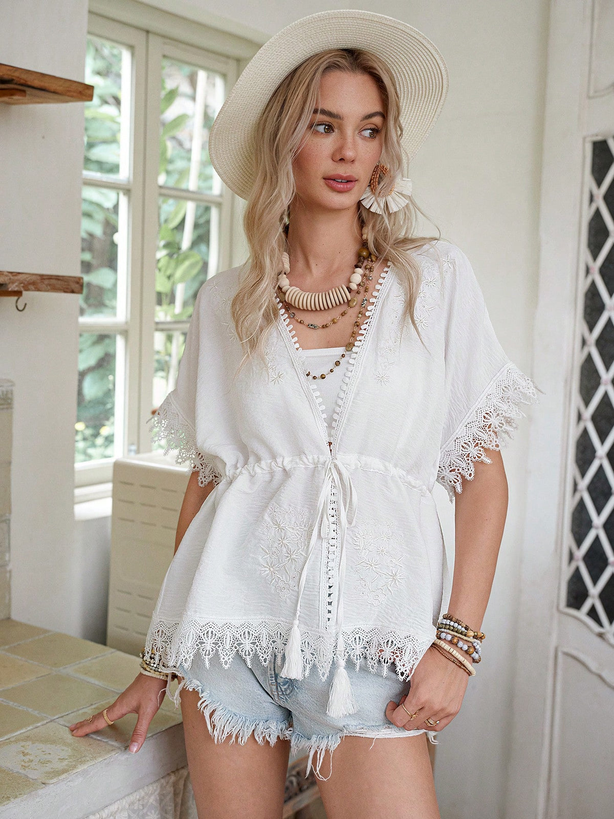 LanaWest Women's Bohemian Embroidered Floral Lace Patchwork Open Front Tie Shirt