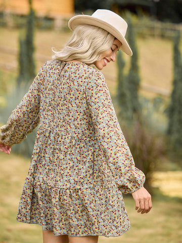 Women's Ditsy Floral Round Neck Lantern Sleeve Ruffle Hem Dress