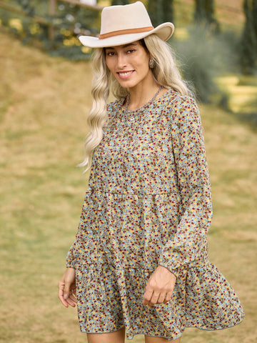 Women's Ditsy Floral Round Neck Lantern Sleeve Ruffle Hem Dress