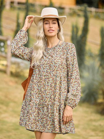 Women's Ditsy Floral Round Neck Lantern Sleeve Ruffle Hem Dress