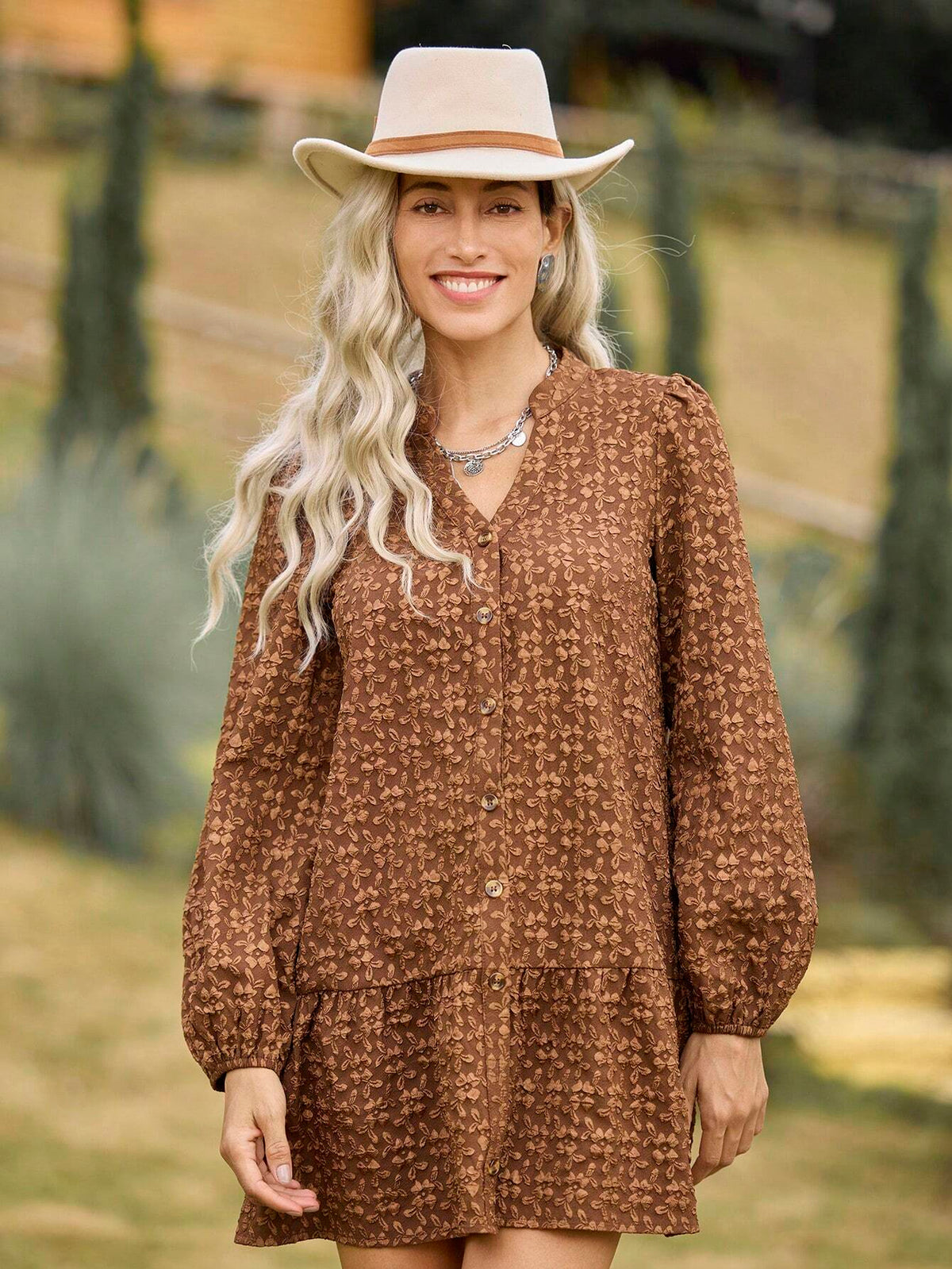 LanaWest Women's Floral Jacquard V-Neck Lantern Sleeve Elegant Short Dress, Autumn/Winter