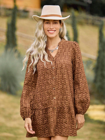 LanaWest Women's Floral Jacquard V-Neck Lantern Sleeve Elegant Short Dress, Autumn/Winter