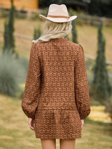 LanaWest Women's Floral Jacquard V-Neck Lantern Sleeve Elegant Short Dress, Autumn/Winter