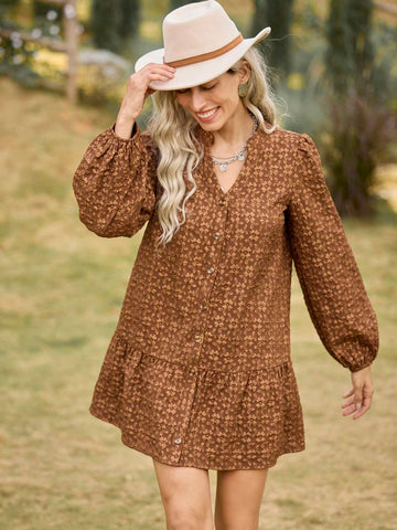 LanaWest Women's Floral Jacquard V-Neck Lantern Sleeve Elegant Short Dress, Autumn/Winter