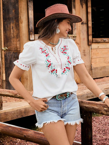 EMERY ROSE Women's Ditsy Floral Lantern Sleeve Loose Blouse, Suitable For Vacation