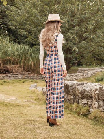LanaWest Women's Plaid Button Design Casual Jumpsuit With Suspenders