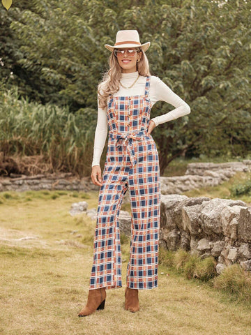 LanaWest Women's Plaid Button Design Casual Jumpsuit With Suspenders