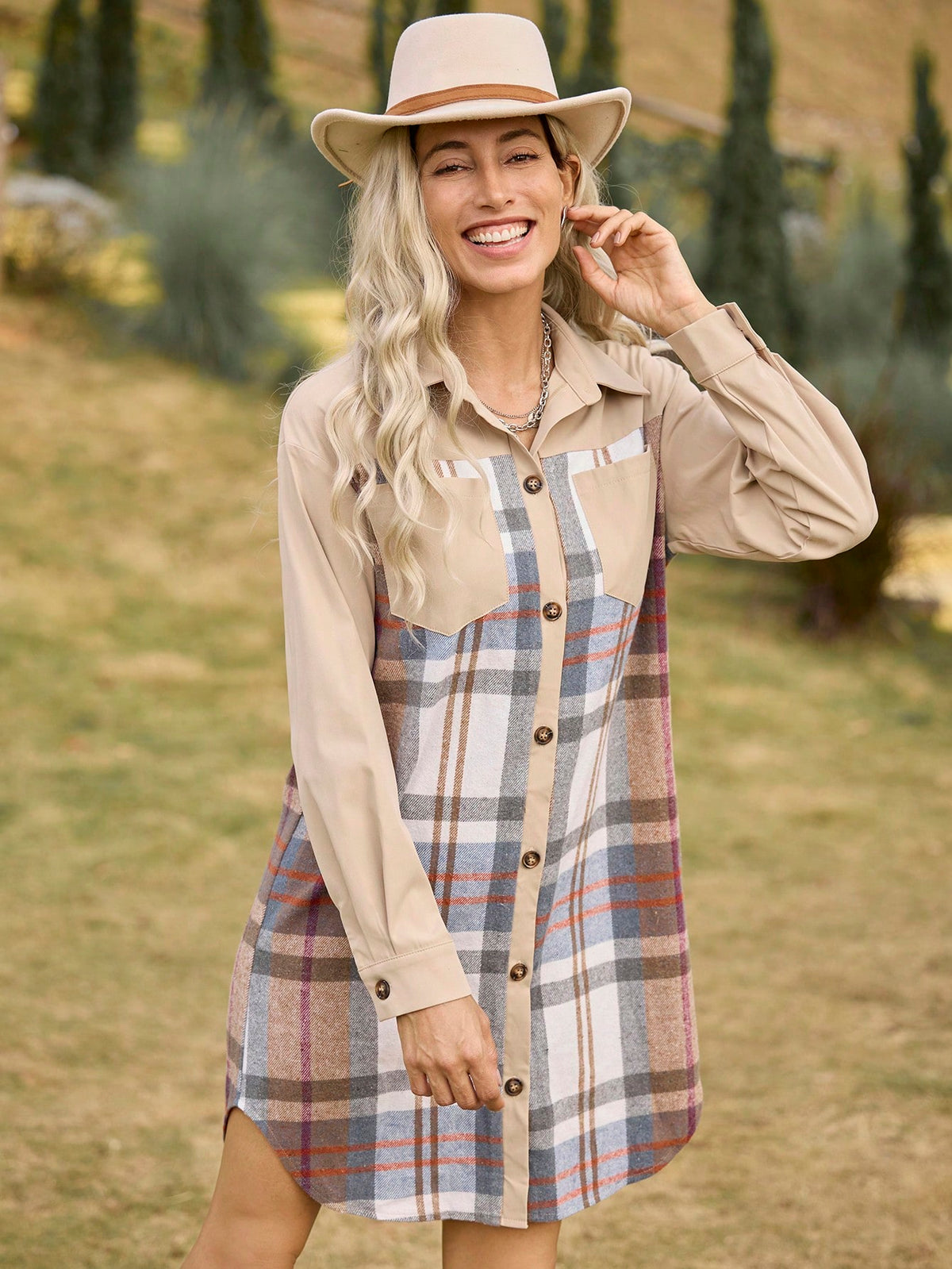 LanaWest Women's Plaid Patchwork H-Shape Shirt Dress With Pockets, Turndown Collar, Casual Country Style, Long Sleeve