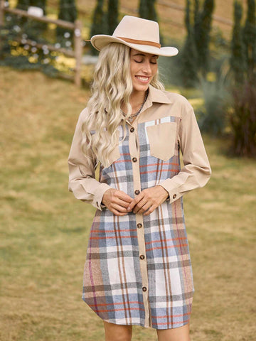 LanaWest Women's Plaid Patchwork H-Shape Shirt Dress With Pockets, Turndown Collar, Casual Country Style, Long Sleeve