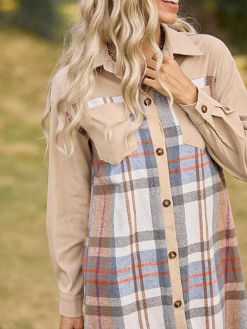 LanaWest Women's Plaid Patchwork H-Shape Shirt Dress With Pockets, Turndown Collar, Casual Country Style, Long Sleeve