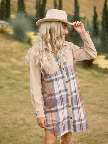 LanaWest Women's Plaid Patchwork H-Shape Shirt Dress With Pockets, Turndown Collar, Casual Country Style, Long Sleeve