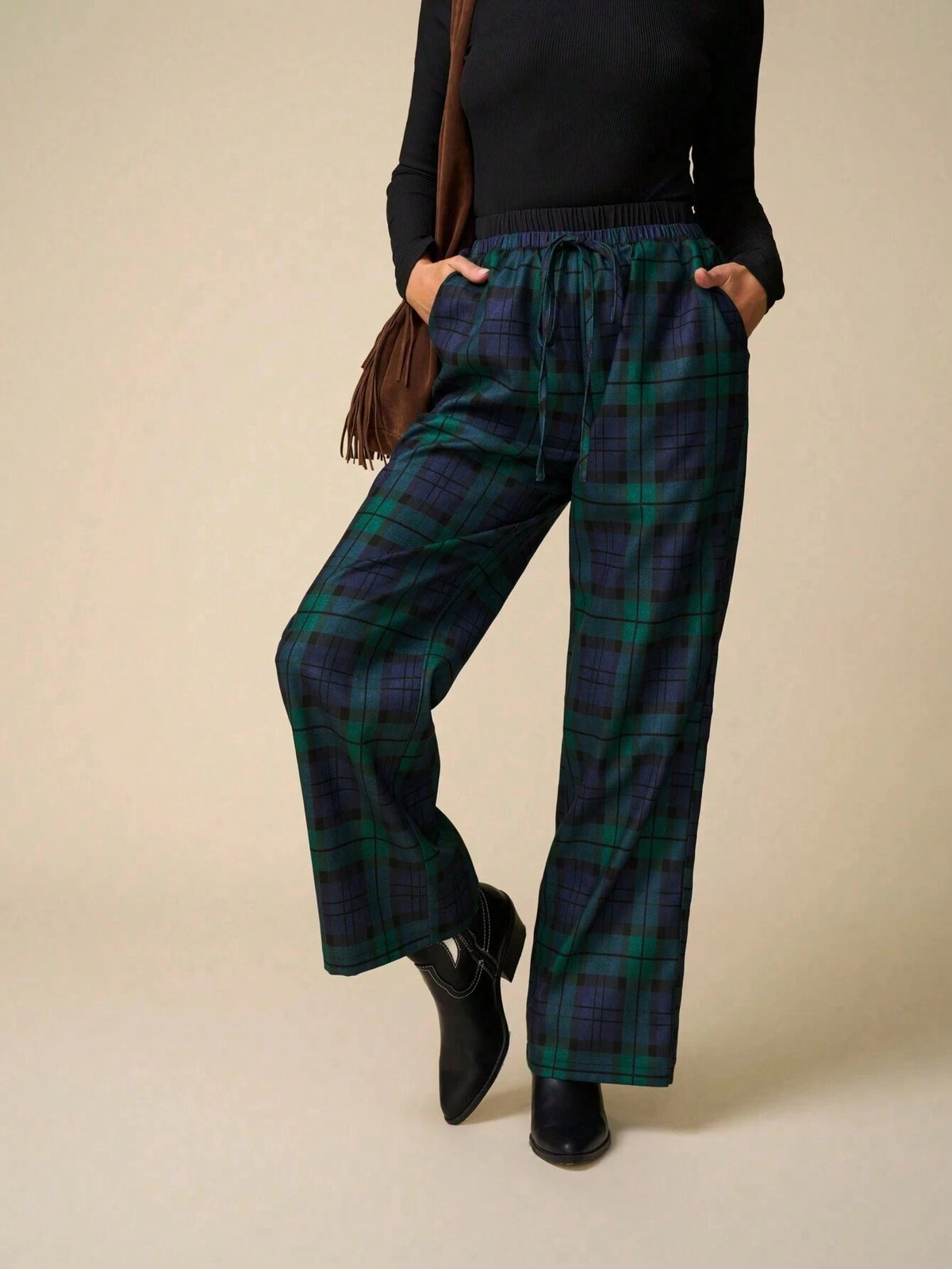 LanaWest Women's Plaid Waist Tie Pocket Straight Leg Loose Casual Pants