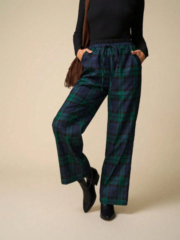 LanaWest Women's Plaid Waist Tie Pocket Straight Leg Loose Casual Pants