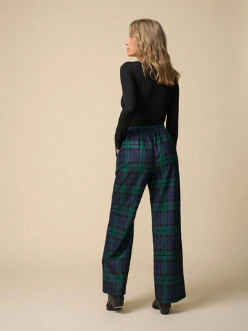 LanaWest Women's Plaid Waist Tie Pocket Straight Leg Loose Casual Pants