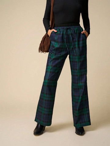 LanaWest Women's Plaid Waist Tie Pocket Straight Leg Loose Casual Pants