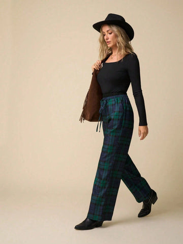 LanaWest Women's Plaid Waist Tie Pocket Straight Leg Loose Casual Pants