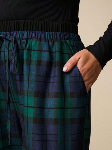 LanaWest Women's Plaid Waist Tie Pocket Straight Leg Loose Casual Pants