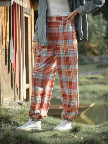 LanaWest Women's Retro Plaid Loose Casual Sports Sweatpants (Random Cut)