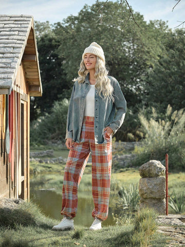 LanaWest Women's Retro Plaid Loose Casual Sports Sweatpants (Random Cut)