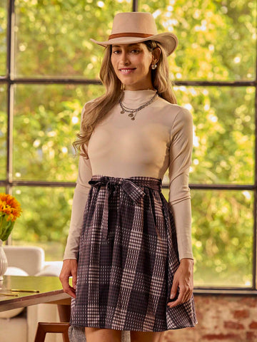 LanaWest Women's Stand Collar Long Sleeve Casual Plaid Patchwork Knit Dress