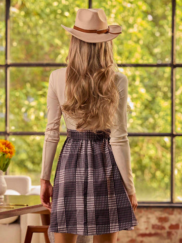 LanaWest Women's Stand Collar Long Sleeve Casual Plaid Patchwork Knit Dress